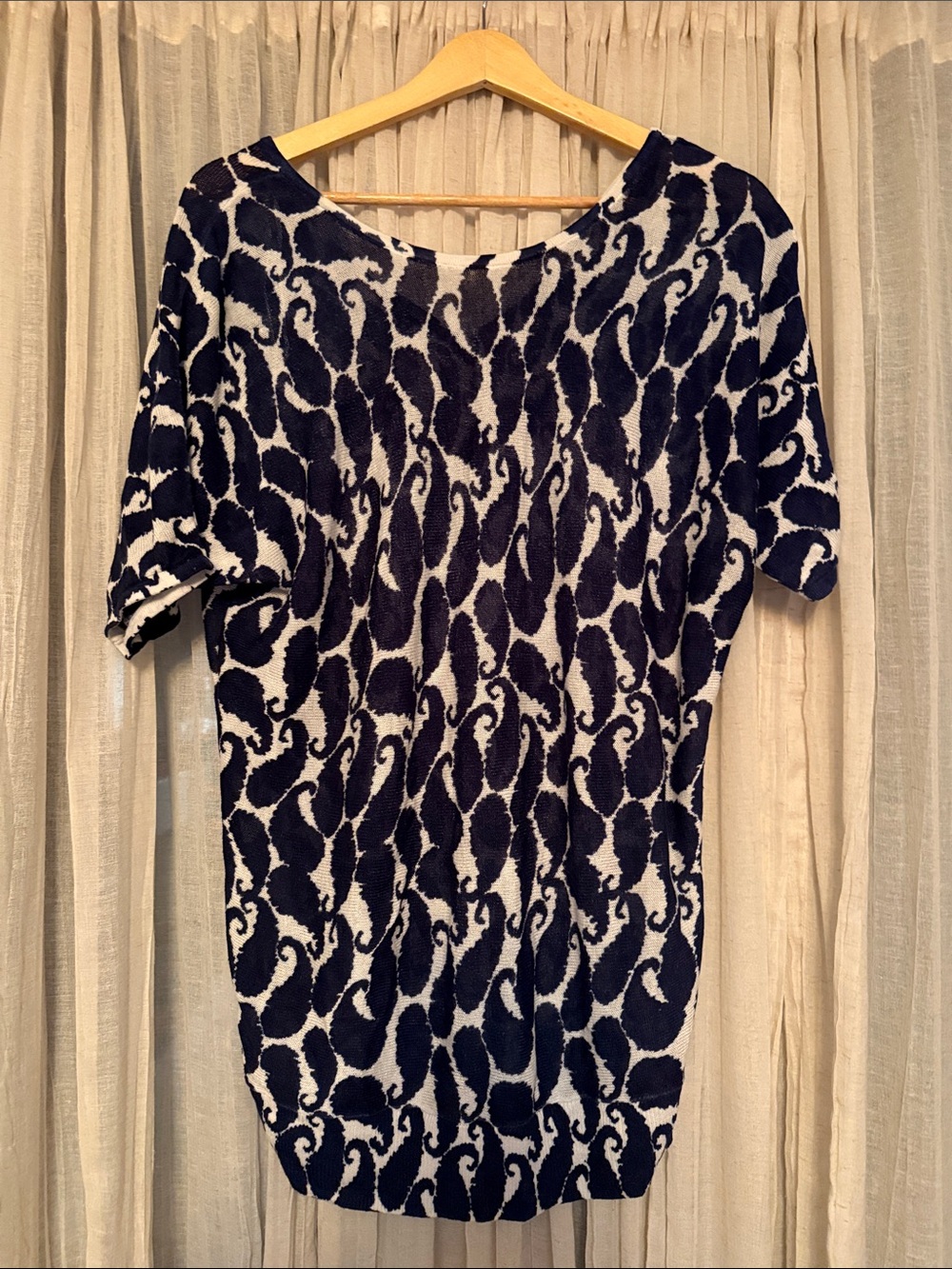 Talbots Navy and White Short-Sleeve Patterned Knit Tunic